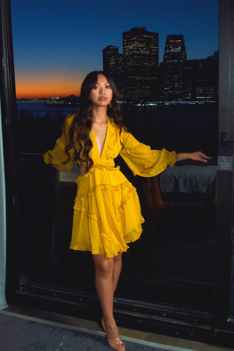 layla long sleeve ruffle mini dress LAYLA Long Sleeve Boat Neck Mini Dress